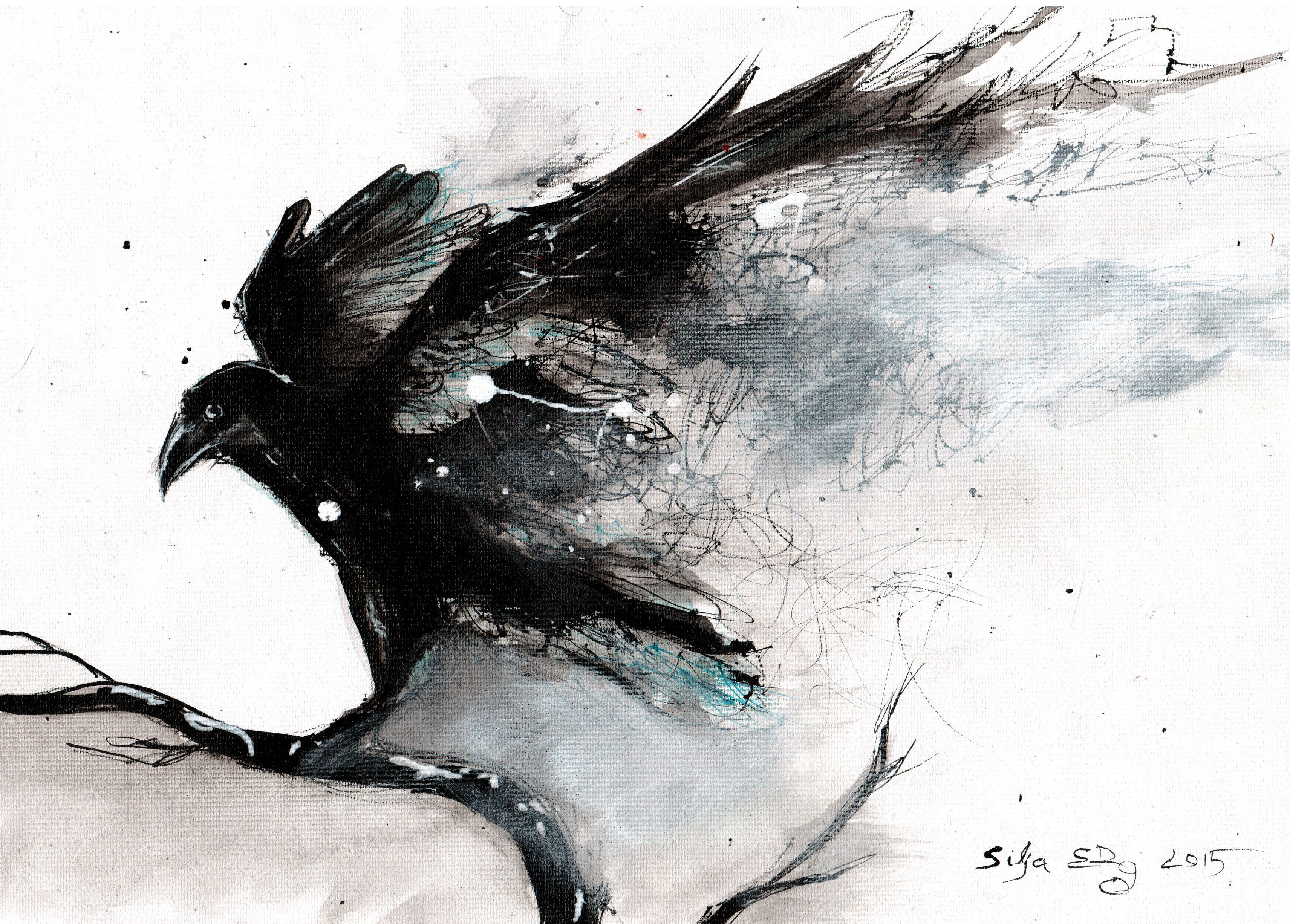 raven art crow art ink painting by 5erg silja erg