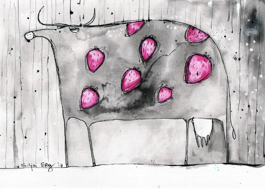 Strawberry cow ink painting in the rain