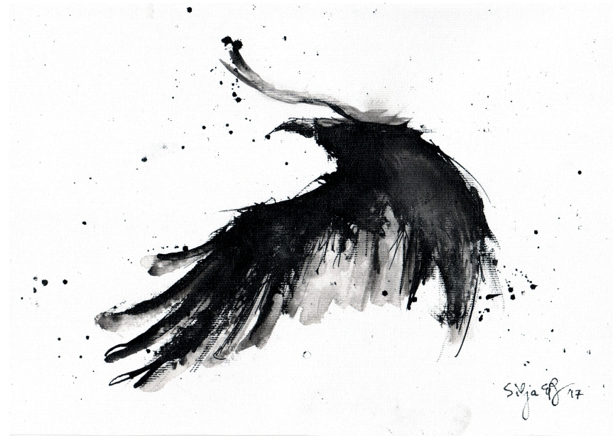 Abstract flying crow painting by silja erg