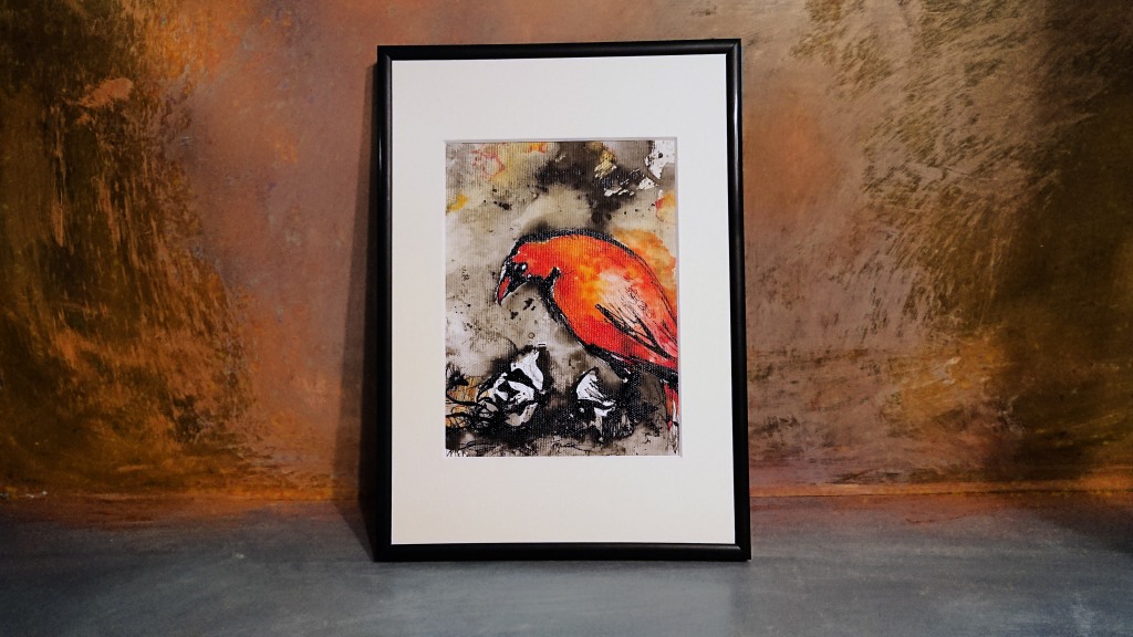orange bird ink painting by 5erg view in a room photo backdrop for art prints